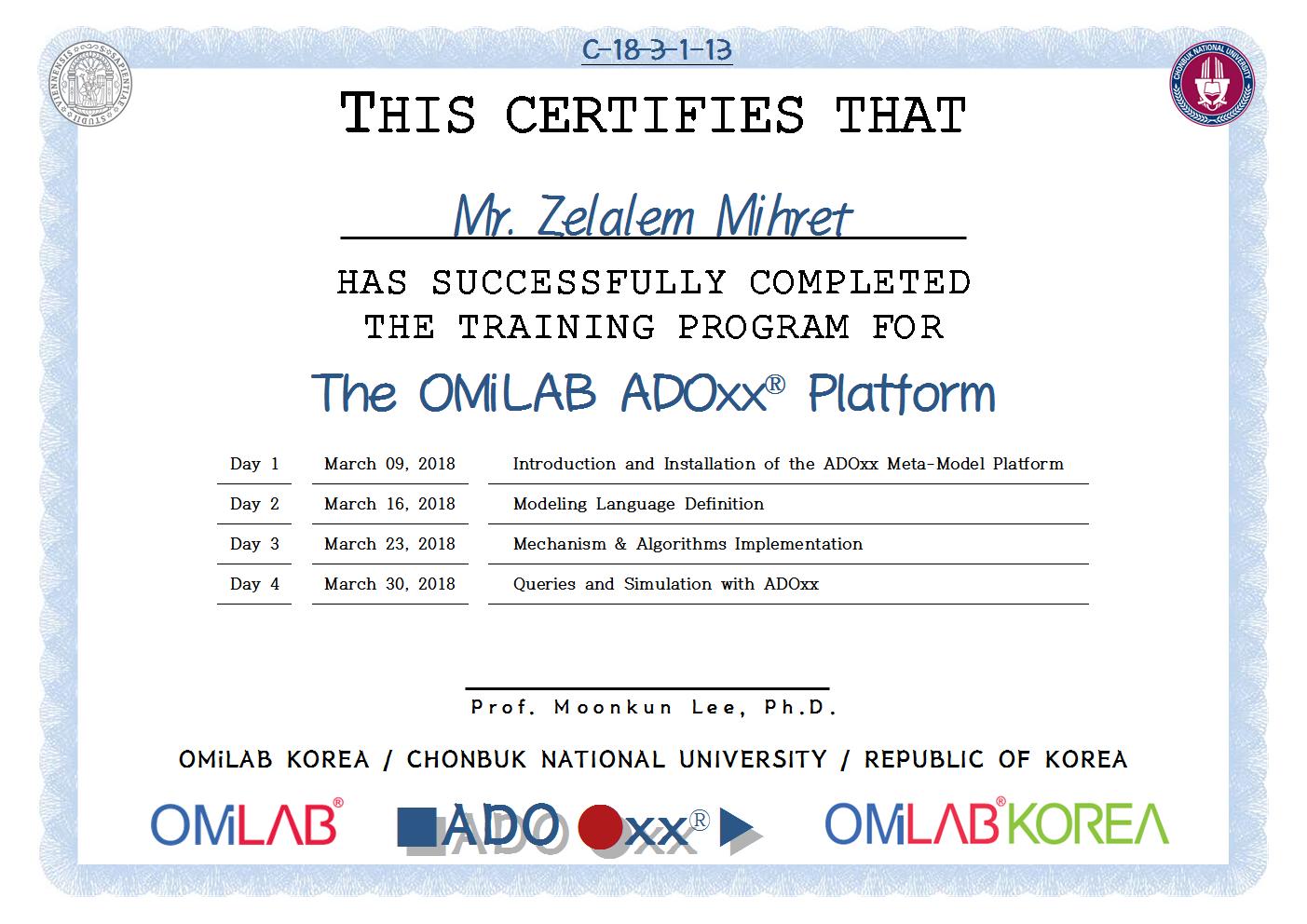 [KAIST] Mr. Zelalem Mihret - 2018 제 3차 ADOxx Training 수료증-f001.jpg