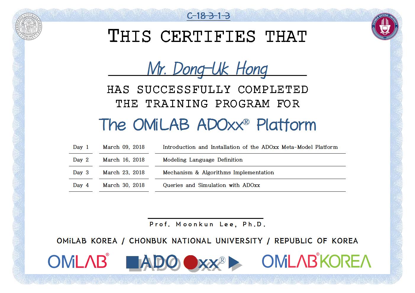 [CBNU] Mr. Dong-Uk Hong - 2018 제 3차 ADOxx Training 수료증-f001.jpg