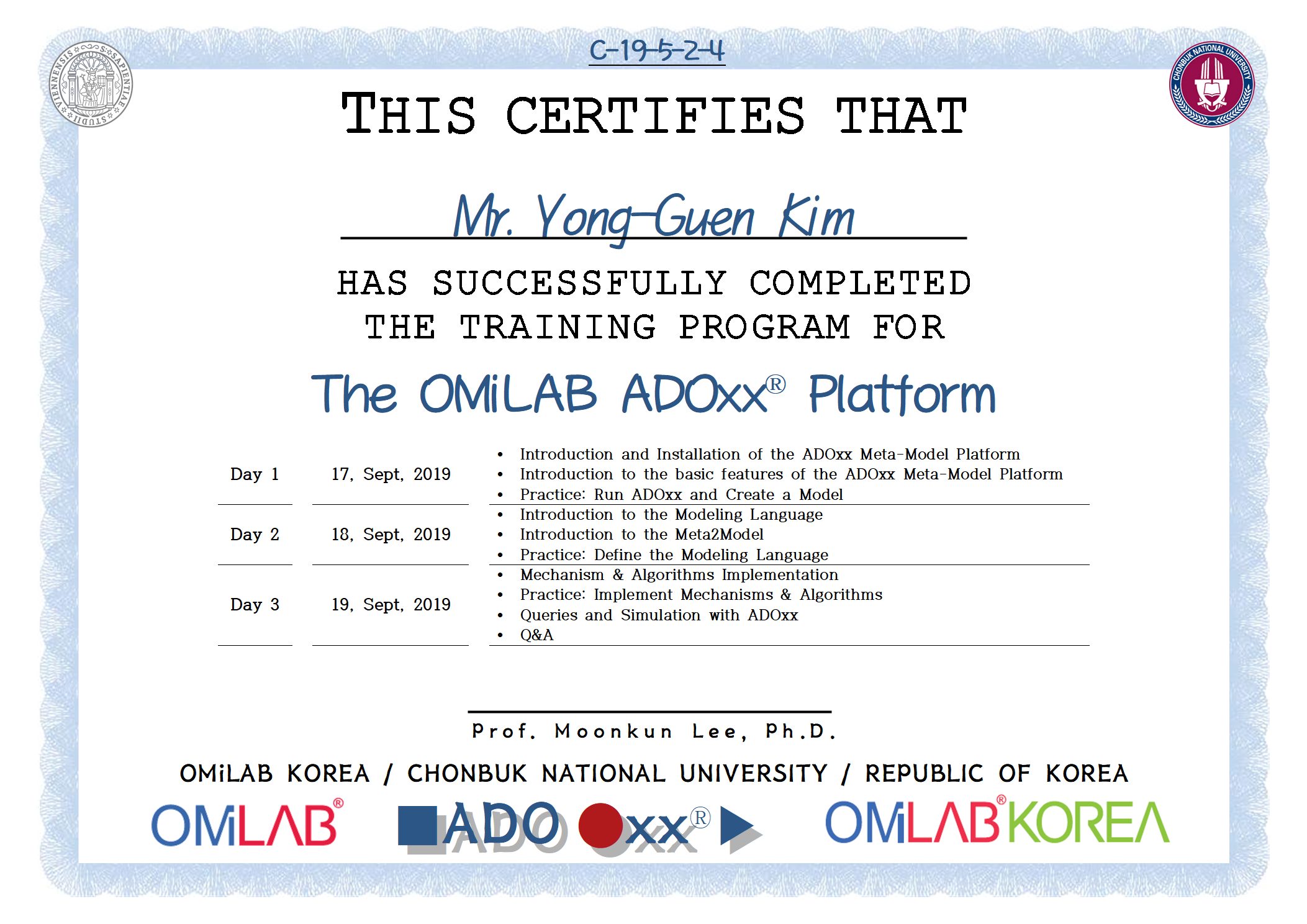 4. [CBNU-U] Mr. Yong-Guen Kim - 김용근 - 2019 제 5차 ADOxx Training 수료증-f.png