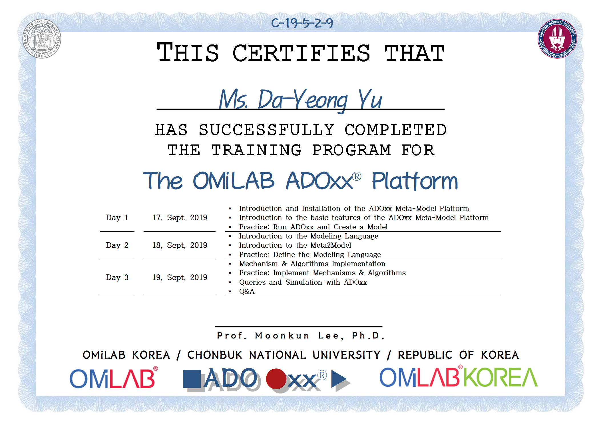 9. [CBNU-U] Ms. Da-Yeong Yu - 유다영 - 2019 제 5차 ADOxx Training 수료증-f.png