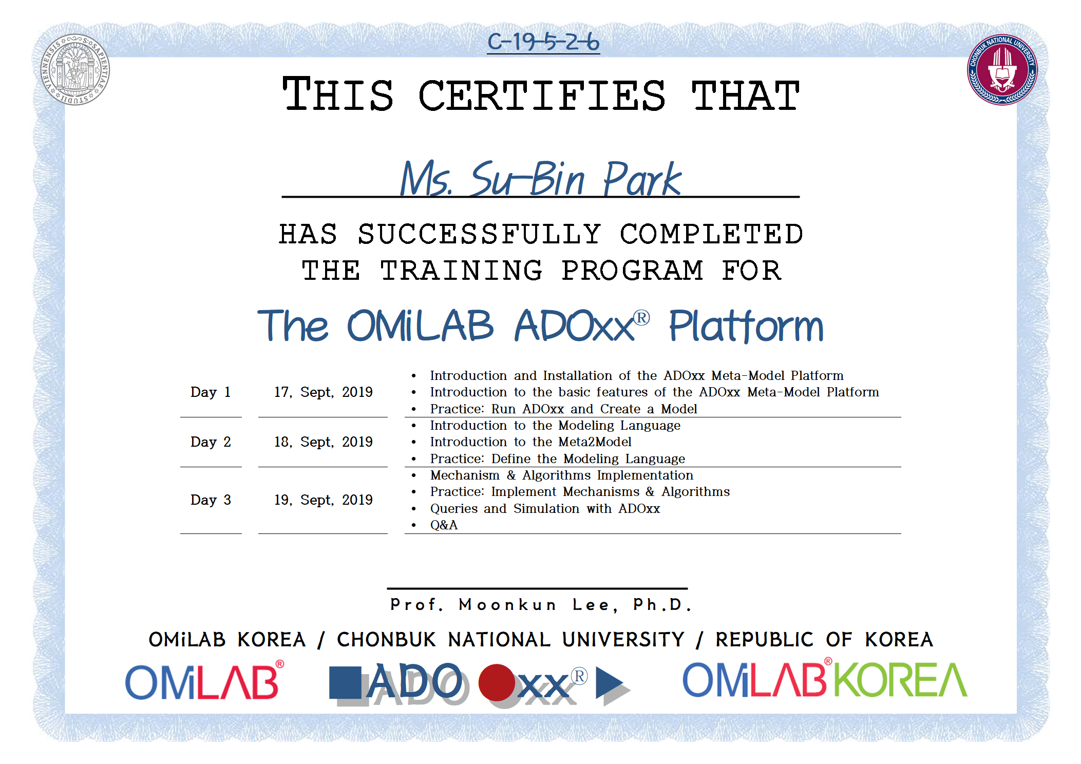 6. [CBNU-U] Ms. Su-Bin Park - 박수빈 - 2019 제 5차 ADOxx Training 수료증-f.png