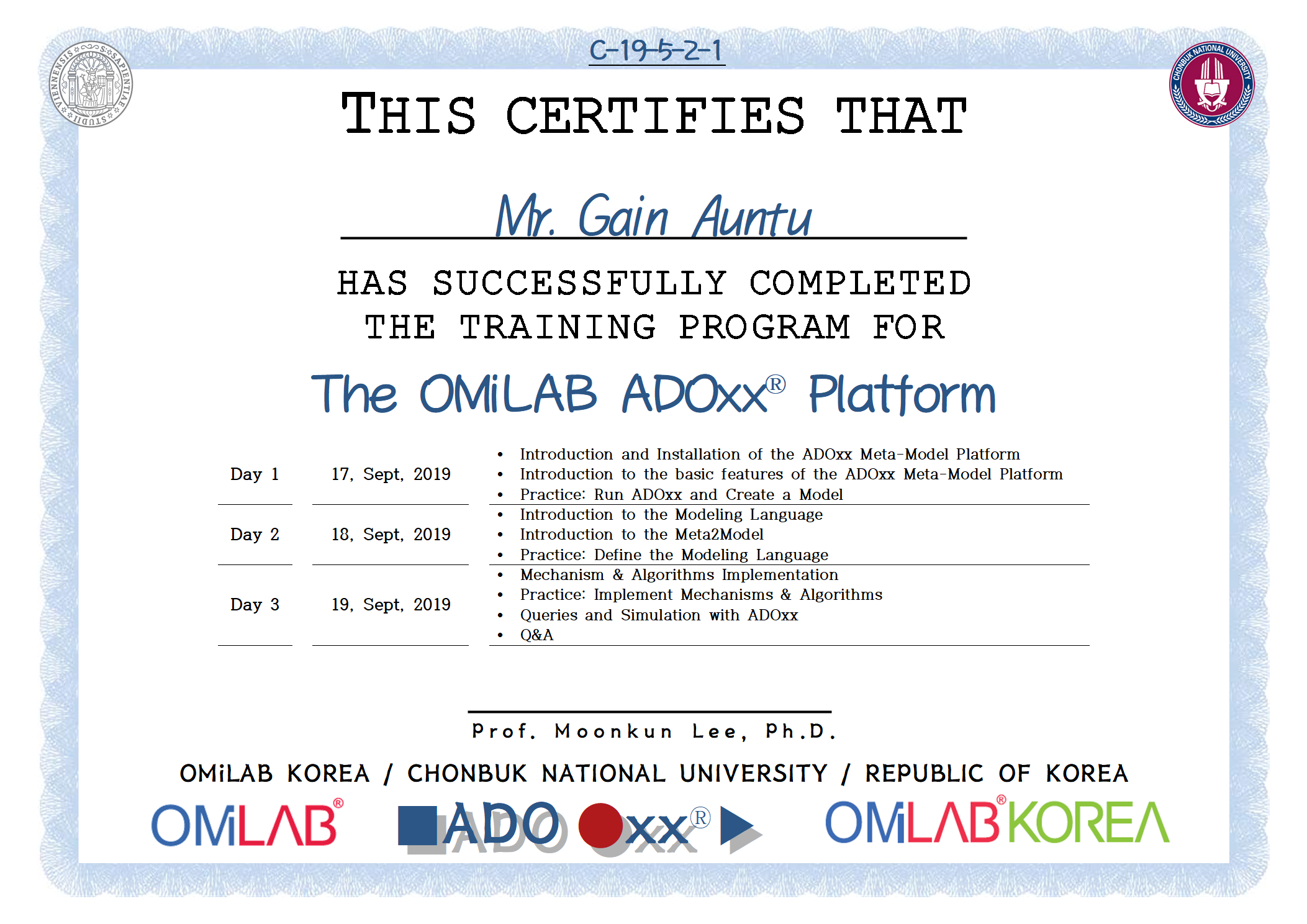 1. [CBNU-U] Mr. Gain Auntu - 가인온투 - 2019 제 5차 ADOxx Training 수료증-f.png