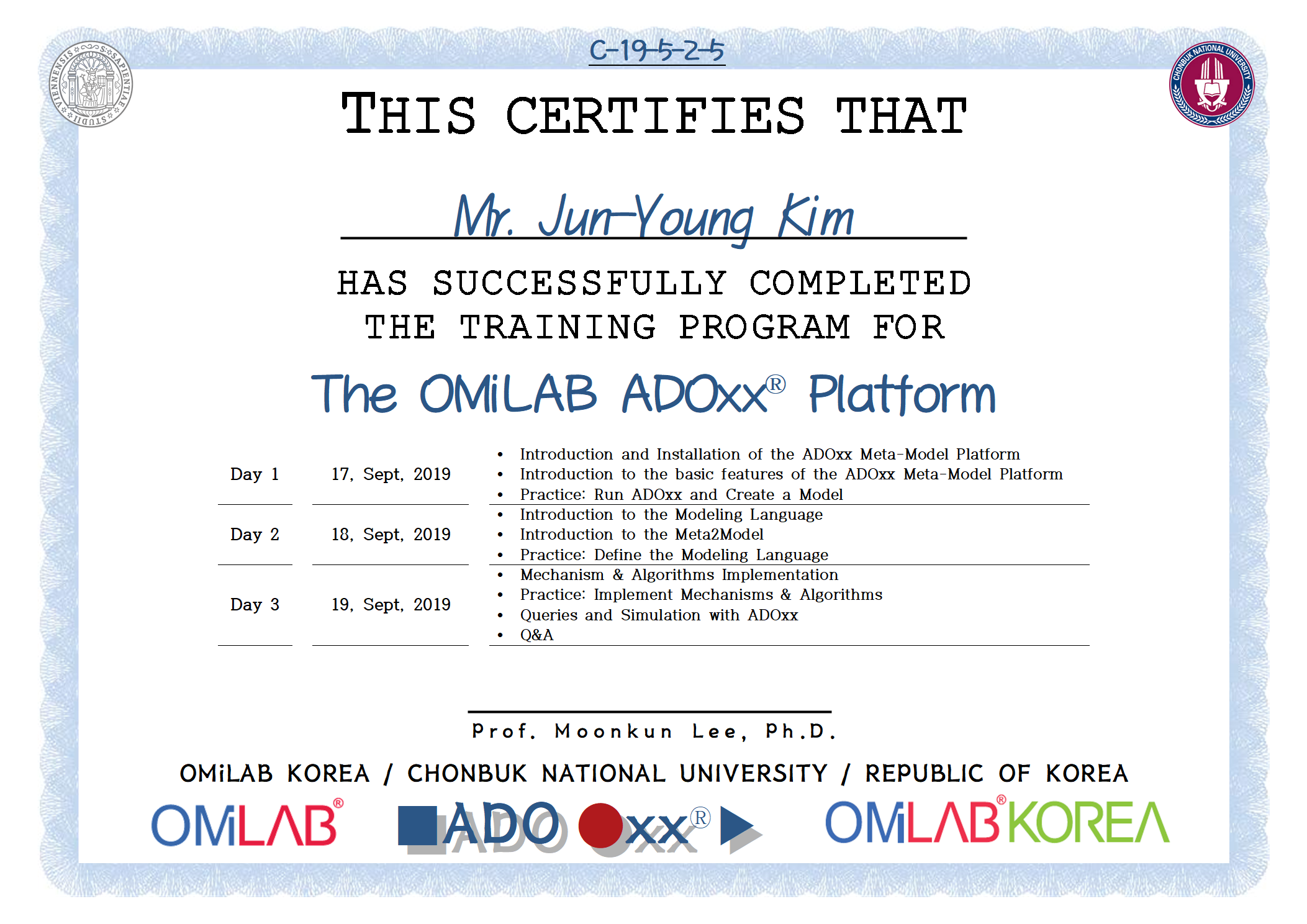 5. [CBNU-U] Mr. Jun-Young Kim - 김준영 - 2019 제 5차 ADOxx Training 수료증-f.png