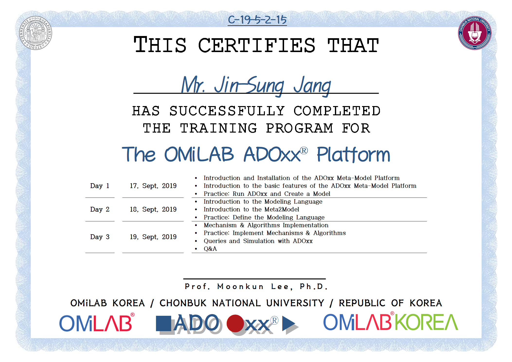 15. [CBNU-U] Mr. Jin-Sung Jang - 장진성 - 2019 제 5차 ADOxx Training 수료증-f.png