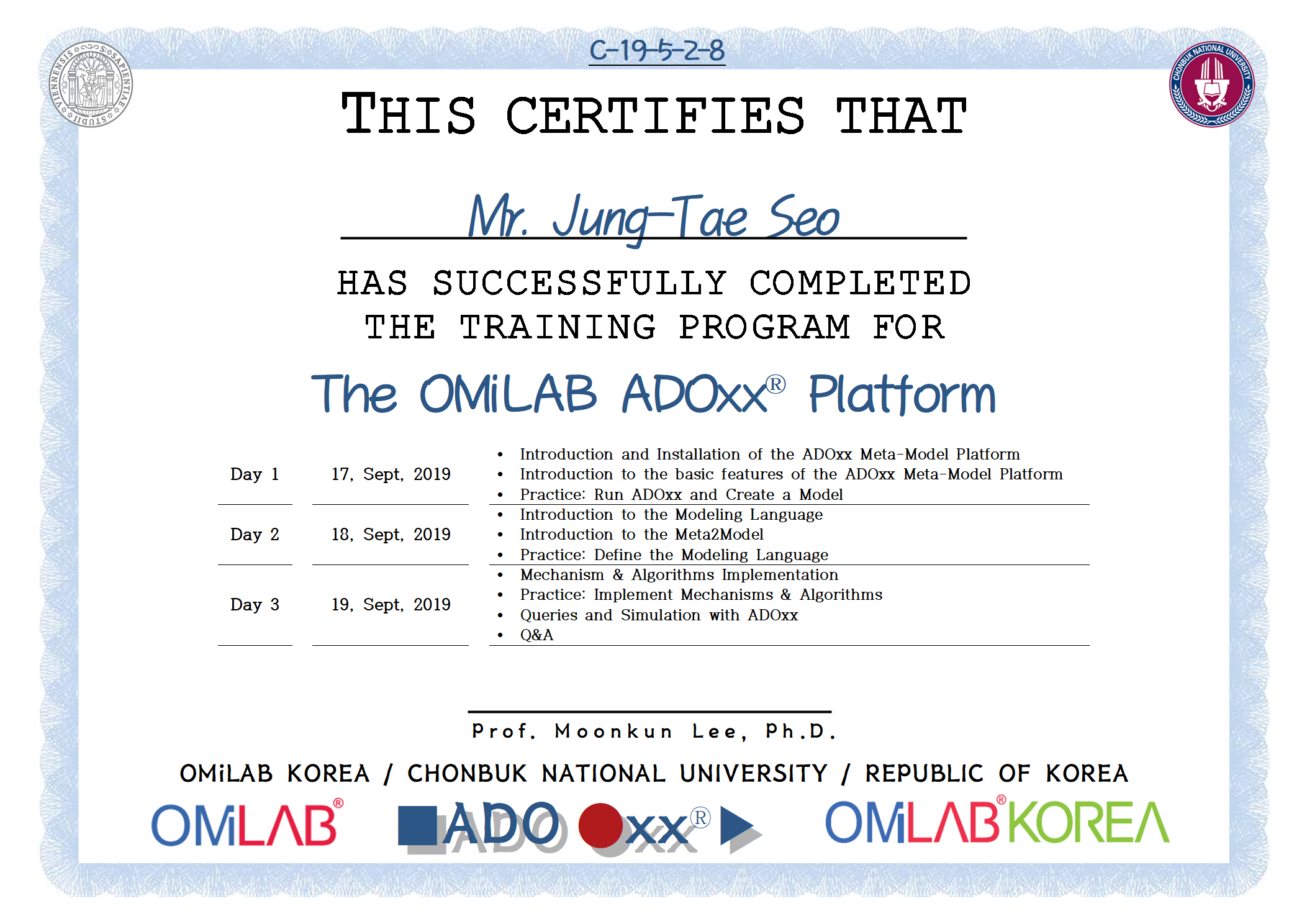 8. [CBNU-U] Mr. Jung-Tae Seo - 서정태 - 2019 제 5차 ADOxx Training 수료증-f.png